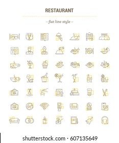 Vector graphic set. Icons in contour, thin, minimal linear design.Catering business.Restaurant industry.Banquet hall.Simple isolated icons.Concept flat illustration for Web site, app.