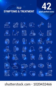 Vector graphic set. Icons in flat, contour, outline thin and linear design. Flu. Symptom, treatment, prevention. Simple isolated icons. Concept illustration for Web site. Sign, symbol, element.
