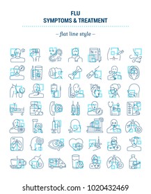 Vector graphic set. Icons in flat, contour, outline thin and linear design. Flu. Symptom, treatment, prevention. Simple isolated icons. Concept illustration for Web site. Sign, symbol, element.