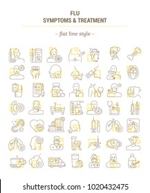 Vector graphic set. Icons in flat, contour, outline thin and linear design. Flu. Symptom, treatment, prevention. Simple isolated icons. Concept illustration for Web site. Sign, symbol, element.