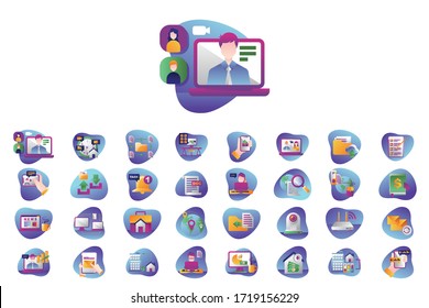Conjunto de gráficos vectoriales. Iconos de diseño plano, compacto y lineal.Cómo trabajar desde casa.Icono simple sobre fondo blanco.Ilustración conceptual para Infografía, app.Sign, símbolo, emblema.