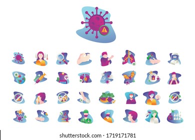 Vektorgrafik-Set. Symbole in flachem, konturiertem, dünnem und linearem Design.Covid19 Icons.Einfache Icons auf weißem Hintergrund.Concept-Illustration für Infografik, app.Sign, Symbol, Emblem.