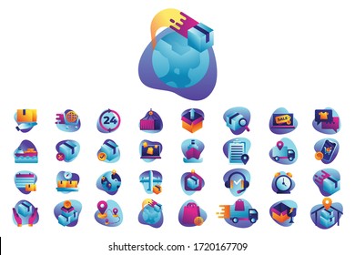 Vector graphic set. Icons in flat, contour, thin and linear design.Delivery & E-commerce Icons.Simple icon on white background.Concept illustration for Infographic, app.Sign, symbol, badge, emblem.