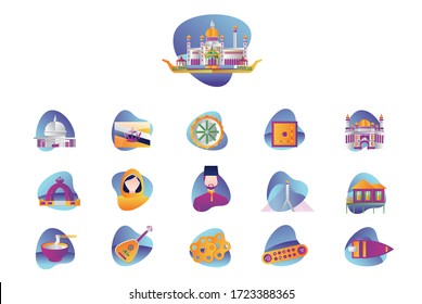 Vector graphic set. Icons in flat, contour, thin and linear design. Brunei Asia icon set, on white background.Concept illustration for Infographic, app.Sign, symbol, badge, emblem.