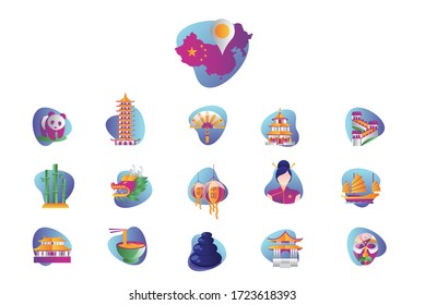 Vector graphic set. Icons in flat, contour, thin and linear design. China Asia icon set, on white background.Concept illustration for Infographic, app.Sign, symbol, badge, emblem.