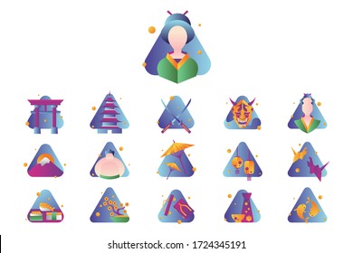Vector graphic set. Icons in flat, contour, thin and linear design. Japanese Asia icon set, on white background.Concept illustration for Infographic, app.Sign, symbol, badge, emblem.
