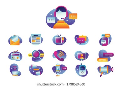 Vector graphic set. Icons in flat, contour, thin and linear design. Communications icon set, on white background.Concept illustration for Infographic, app.Sign, symbol, badge, emblem.