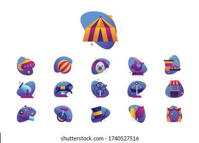 Conjunto de gráficos vectoriales. Iconos de diseño plano, contorno, delgado y lineal. Conjunto de iconos de elementos de circo, sobre fondo blanco.Ilustración conceptual para Infographic, app.Sign, símbolo, insignia, emblema.