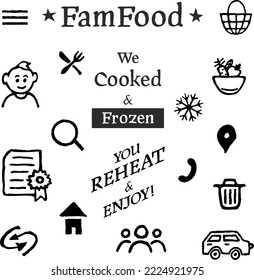 Vector graphic set. Icons in flat, contour, thin, minimal and linear design. Logo text of the online shopping. Online order and delivery of products at home. Concept illustration for Web site, app. 