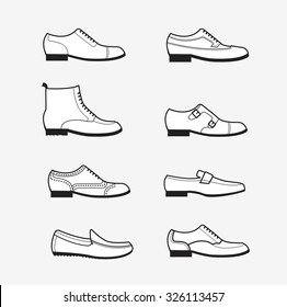 Vector graphic set icons of flat classical men's shoes. Infographic illustration of oxfords, brogues, derby, monks, loafers, moccasins. 