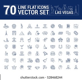 Vector graphic set of icons in flat, contour, thin and linear design. Las Vegas. Slot machine, casino, poker. Gambling. Concept infographics for entertainment city for Web site and app.