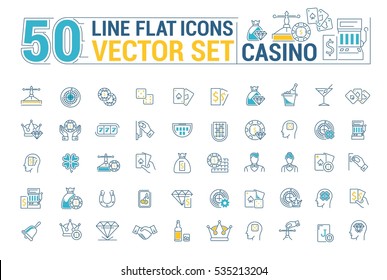 Vector graphic set of icons in flat, contour, thin and linear design. Slot machine, casino, poker. Gambling. Concept infographic for Web site and app. Online card game.