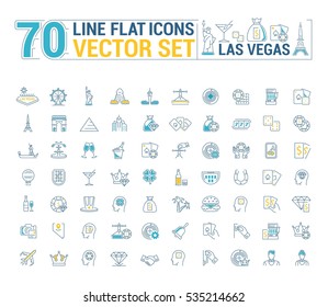 Vector graphic set of icons in flat, contour, thin and linear design. Las Vegas. Slot machine, casino, poker. Gambling. Concept infographics for entertainment city for Web site and app.