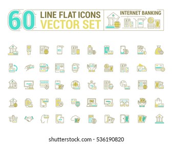 Vector graphic set. Icons in flat, contour, thin and linear design. Internet banking. Modern technology.Simple icon on white background.Concept illustration for Web site, app. Sign, symbol, emblem.