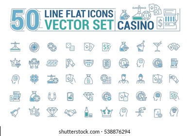 Conjunto vectorial de iconos en diseño plano, contorno, delgado y lineal. Máquina tragamonedas, casino, póquer. Apostar. Concepto de infografía para sitio Web y aplicación. Juego de cartas en línea.