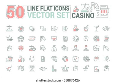 Vector graphic set of icons in flat, contour, thin and linear design. Slot machine, casino, poker. Gambling. Concept infographic for Web site and app. Online card game.