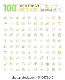 Vector graphic set. Icons in flat, contour, thin and linear design.Veterinary Medicine. Treatment, diagnosis and symptoms of pet disease.Consultation of doctor. Concept sign, symbol for Web site, app.