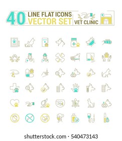 Vector graphic set. Icons in flat, contour, thin and linear design.Veterinary Medicine. Treatment, diagnosis and symptoms of pet disease.Consultation of doctor. Concept sign, symbol for Web site, app.