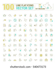 Vector graphic set. Icons in flat, contour, thin and linear design.Veterinary Medicine. Treatment, diagnosis and symptoms of pet disease.Consultation of doctor. Concept sign, symbol for Web site, app.