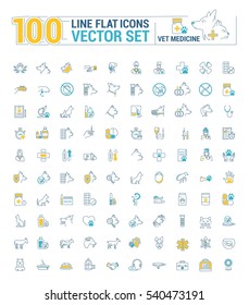 Vector graphic set. Icons in flat, contour, thin and linear design.Veterinary Medicine. Treatment, diagnosis and symptoms of pet disease.Consultation of doctor. Concept sign, symbol for Web site, app.