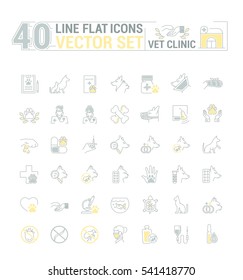 Vector graphic set. Icons in flat, contour, thin and linear design.Veterinary Medicine. Treatment, diagnosis and symptoms of pet disease.Consultation of doctor. Concept sign, symbol for Web site, app.
