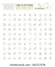 Vector graphic set. Icons in flat, contour, thin and linear design.Veterinary Medicine. Treatment, diagnosis and symptoms of pet disease.Consultation of doctor. Concept sign, symbol for Web site, app.