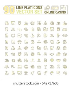 Vector graphic set of icons in flat, contour, and linear design. Internet slot machine. Online casino, gambling and poker.Virtual card game. Paid entertainment. Concept illustration for Web site, app.