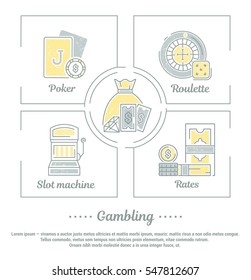 Vector graphic set. Icons in flat, contour, thin and linear design.Gambling. Casino, roulette, poker. Simple icon on white background.Concept illustration for Web site, app. Sign, symbol, emblem.