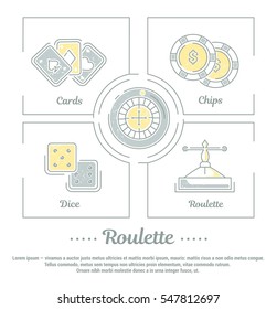 Vector graphic set. Icons in flat, contour, thin and linear design.Gambling. Casino, roulette. Simple icon on white background.Concept illustration for Web site, app. Sign, symbol, emblem.