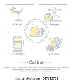 Vector graphic set. Icons in flat, contour, thin and linear design.Gambling. Casino, roulette, poker. Simple icon on white background.Concept illustration for Web site, app. Sign, symbol, emblem.