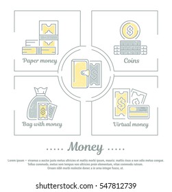 Vector graphic set. Icons in flat, contour, thin and linear design.Money and financial system.Simple icon on white background.Concept illustration for Web site, app. Sign, symbol, emblem.