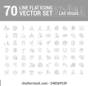 Vector graphic set of icons in flat, contour, thin and linear design. Las Vegas. Slot machine, casino, poker. Gambling. Concept infographics for entertainment city for Web site and app.