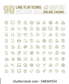 Vector graphic set of icons in flat, contour, and linear design. Internet slot machine. Online casino, gambling and poker.Virtual card game. Paid entertainment. Concept illustration for Web site, app.