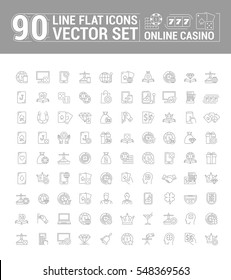 Vector graphic set of icons in flat, contour, and linear design. Internet slot machine. Online casino, gambling and poker.Virtual card game. Paid entertainment. Concept illustration for Web site, app.