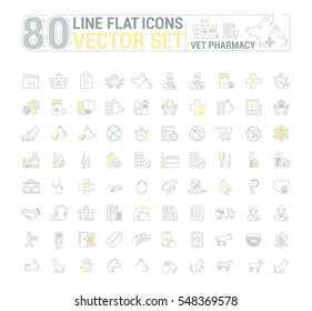 Vector graphic set. Icons in flat, contour, thin and linear design.Vet pharmacy. Preparations for animals.Simple icon on white background.Concept illustration for Web site, app. Sign, symbol, emblem.