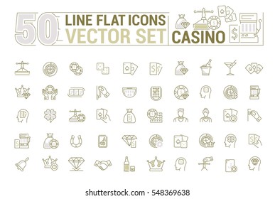 Vector graphic set of icons in flat, contour, thin and linear design. Las Vegas. Slot machine, casino, poker. Gambling. Concept infographics for entertainment city for Web site and app.