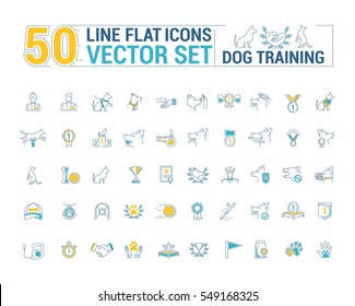 Vector graphic set. Icons in flat, contour, thin and linear design.Process of dog training. Simple icon on white background.Concept illustration for Web site, app. Sign, symbol, emblem. svg
