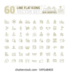 Vector graphic set. Icons in flat, contour, thin and linear design.Sea Logistics.Sending freight by sea route.Simple icon on white background.Concept illustration for Web site, app.Sign,symbol,emblem.