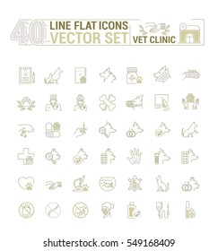 Vector graphic set. Icons in flat, contour, thin and linear design.Veterinary Medicine. Treatment, diagnosis and symptoms of pet disease.Consultation of doctor. Concept sign, symbol for Web site, app.