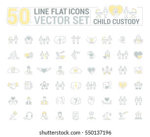 Vector graphic set. Icons in flat, contour, thin and linear design. Custody of children. Parents and state.Simple icon on white background.Concept illustration for Web site, app. Sign, symbol, emblem.