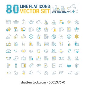 Vector graphic set. Icons in flat, contour, thin and linear design.Vet pharmacy. Preparations for animals.Simple icon on white background.Concept illustration for Web site, app. Sign, symbol, emblem.