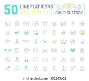 Vector graphic set. Icons in flat, contour, thin and linear design. Custody of children. Parents and state.Simple icon on white background.Concept illustration for Web site, app. Sign, symbol, emblem.