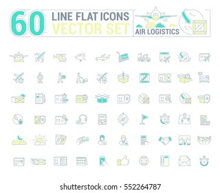 Vector graphic set. Icons in flat, contour, thin and linear design.Air Logistics. Sending freight by air way.Simple icon on white background.Concept illustration for Web site, app.Sign,symbol,emblem.