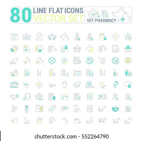 Vector graphic set. Icons in flat, contour, thin and linear design.Vet pharmacy. Preparations for animals.Simple icon on white background.Concept illustration for Web site, app. Sign, symbol, emblem.