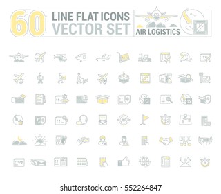 Vector graphic set. Icons in flat, contour, thin and linear design.Air Logistics. Sending freight by air way.Simple icon on white background.Concept illustration for Web site, app.Sign,symbol,emblem.