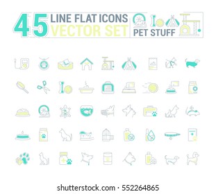 Vector graphic set. Icons in flat, contour, thin and linear design.Stuff for pets and their owners.Simple icon on white background.Concept illustration for Web site, app.Sign, symbol, emblem.