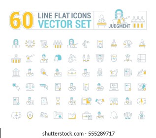Vector graphic set. Icons in flat, contour, thin and linear design.Court. Judge. Trial..Simple icon on white background.Concept illustration for Web site, app.Sign, symbol, emblem.