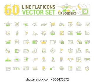 Vector graphic set. Icons in flat, contour, thin and linear design.Air Logistics. Sending freight by air way.Simple icon on white background.Concept illustration for Web site, app.Sign,symbol,emblem.