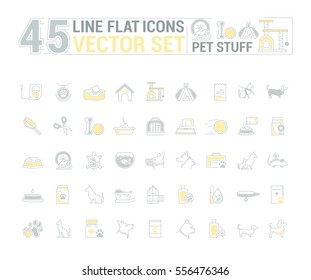 Vector graphic set. Icons in flat, contour, thin and linear design.Stuff for pets and their owners.Simple icon on white background.Concept illustration for Web site, app.Sign, symbol, emblem.