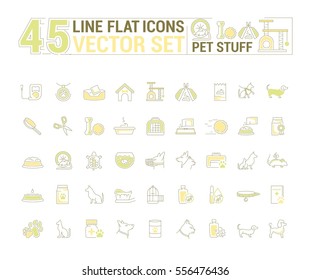 Vector graphic set. Icons in flat, contour, thin and linear design.Stuff for pets and their owners.Simple icon on white background.Concept illustration for Web site, app.Sign, symbol, emblem.